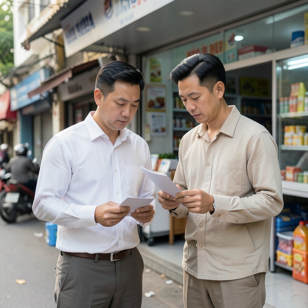 Two field reviewers comparing notes outside a neighborhood mini-mart in Hanoi
