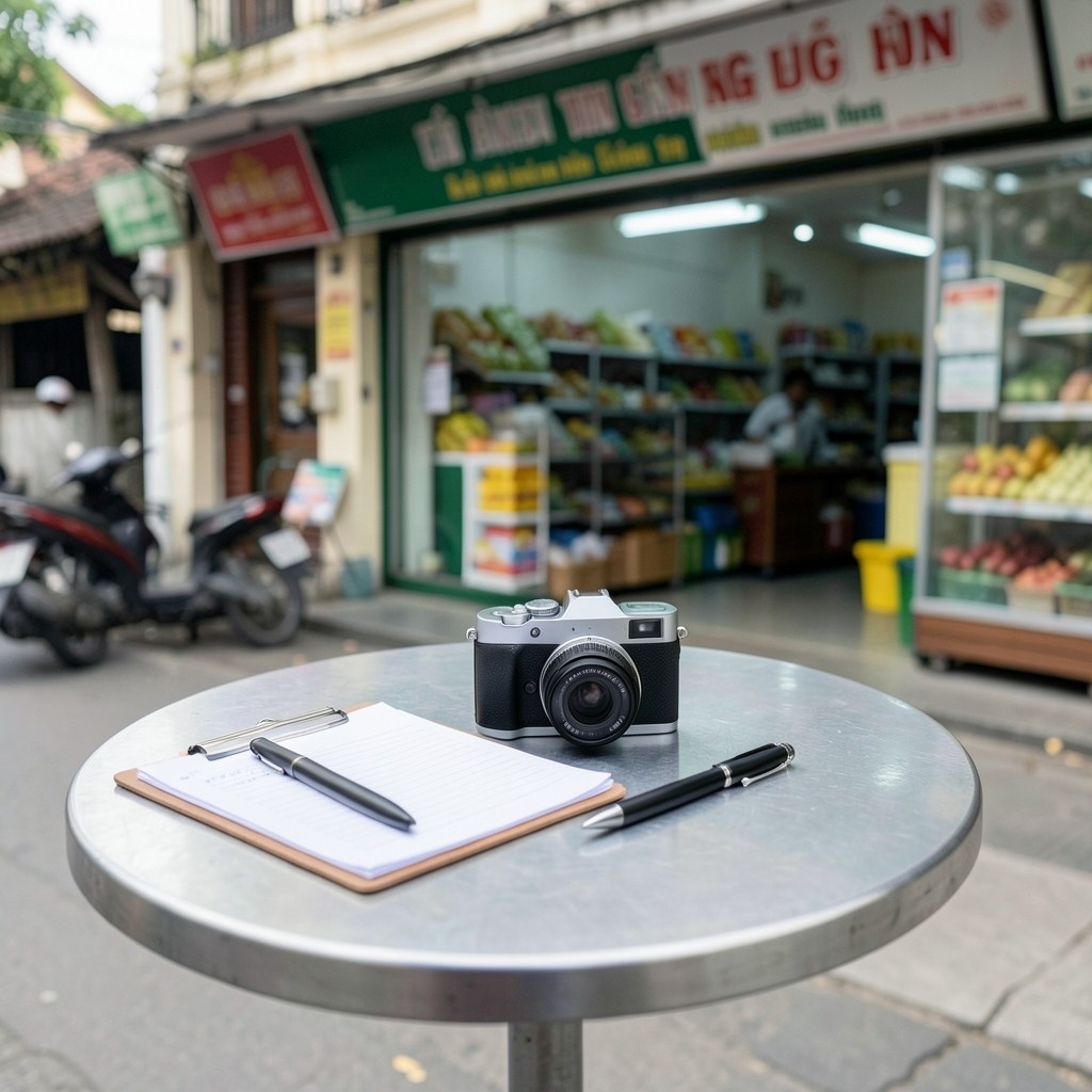 Clipboard and camera on a small table near a neighborhood store entrance in soft morning light