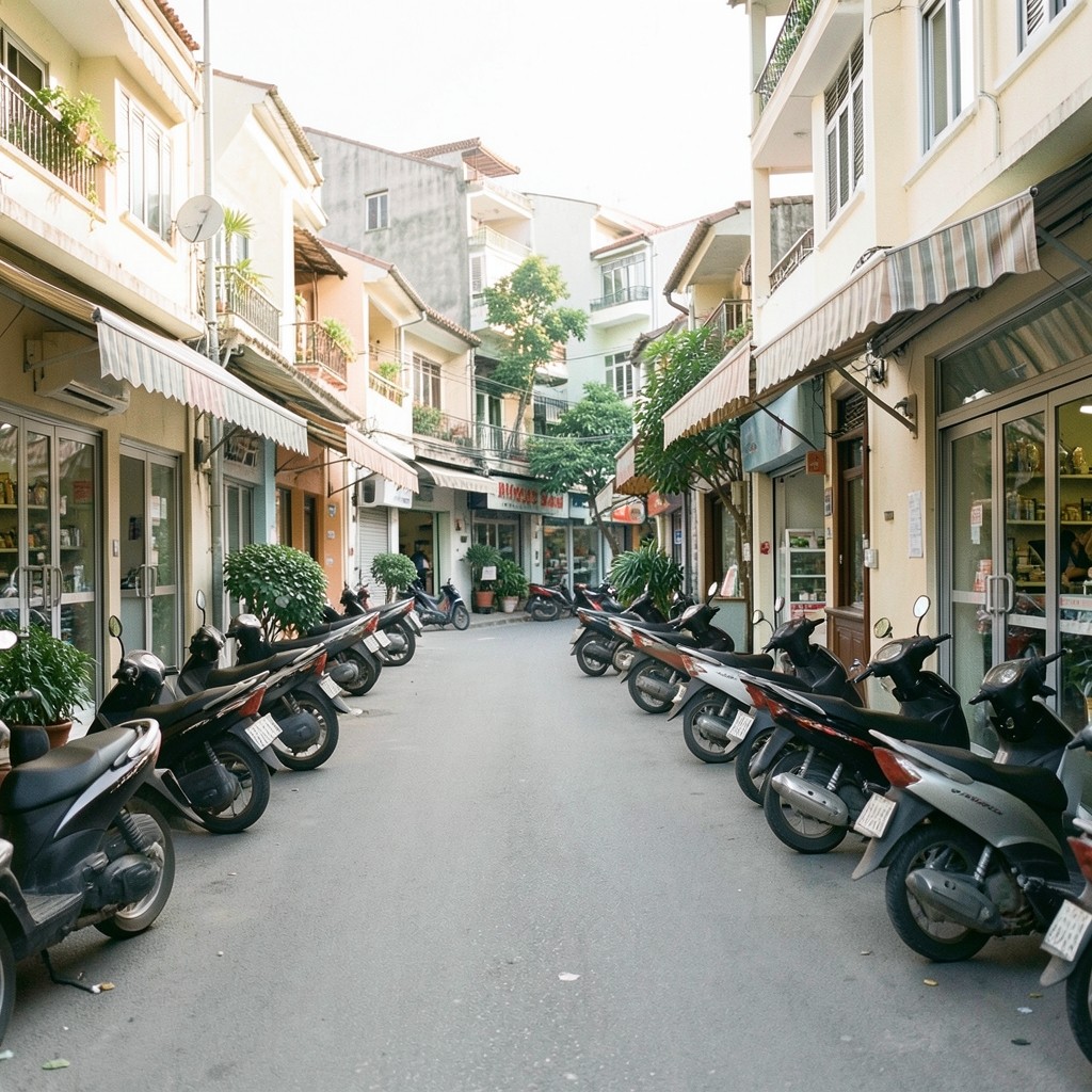 Quiet Hanoi neighborhood street with small chain grocery storefronts and morning foot traffic