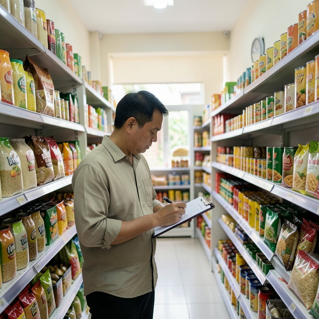 Reviewer taking notes inside a compact neighborhood grocery aisle